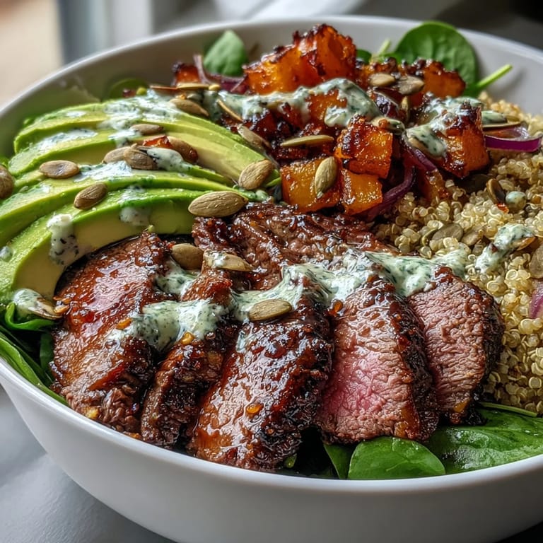 Hearty Butternut Squash Steak Bowls with tender sliced steak, roasted squash, and vibrant greens, served as a complete weeknight dinner.