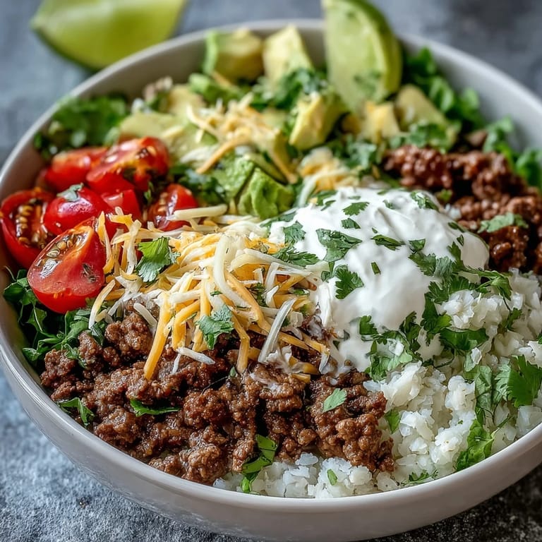 Enjoy a low carb burrito bowl loaded with seasoned ground beef, creamy avocado, shredded cheddar, and a dollop of sour cream.