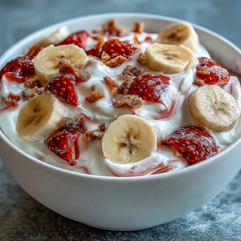 A close-up of Strawberry & Banana Yoghurt Clusters, highlighting the marbled yogurt and vibrant strawberry and banana chips.