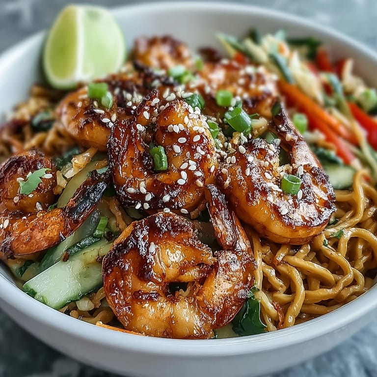 Freshly prepared 15-Minute Asian Noodle Bowl With Grilled Shrimp, complete with crunchy vegetables and sesame seeds, ready to enjoy for dinner.