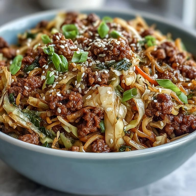 Homemade Egg Roll in a Bowl garnished with fresh green onions, sesame seeds, and a small side of chili sauce.