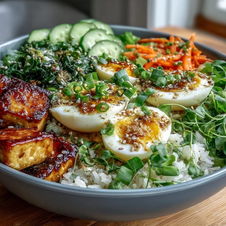 Bright carrot ribbons and toasted sesame seeds garnish a warm bowl of Tofu Jammy Egg Breakfast Bowl with spinach and savory tofu.
