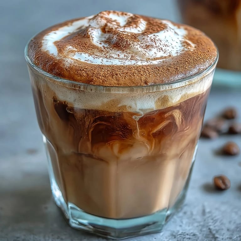 Frothy Hojicha Cortado with steam rising beside a spoon on a warm wood table.