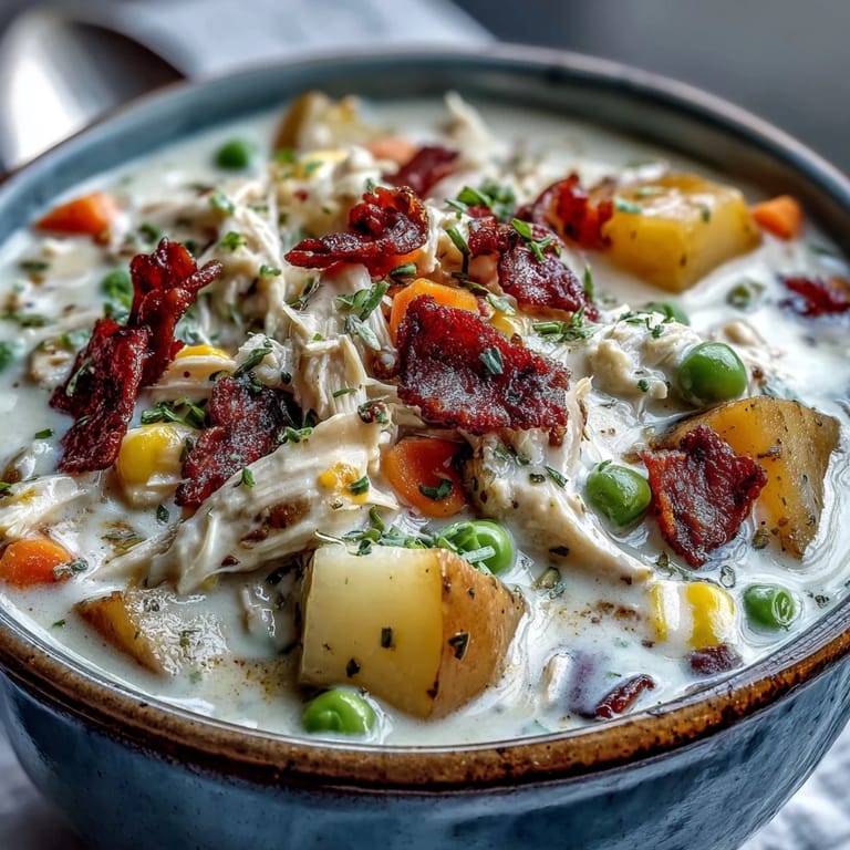 Slow-cooked chicken pot pie soup loaded with carrots, celery, and peas in a thick, creamy, herb-seasoned base.