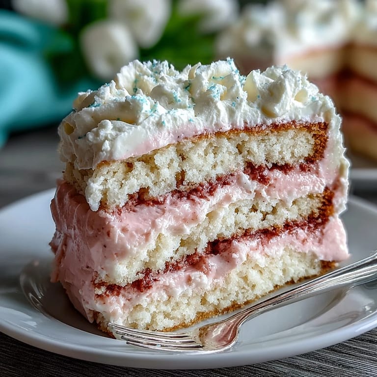 Layered pastel pink and yellow sponge cake with smooth, ombre buttercream frosting.