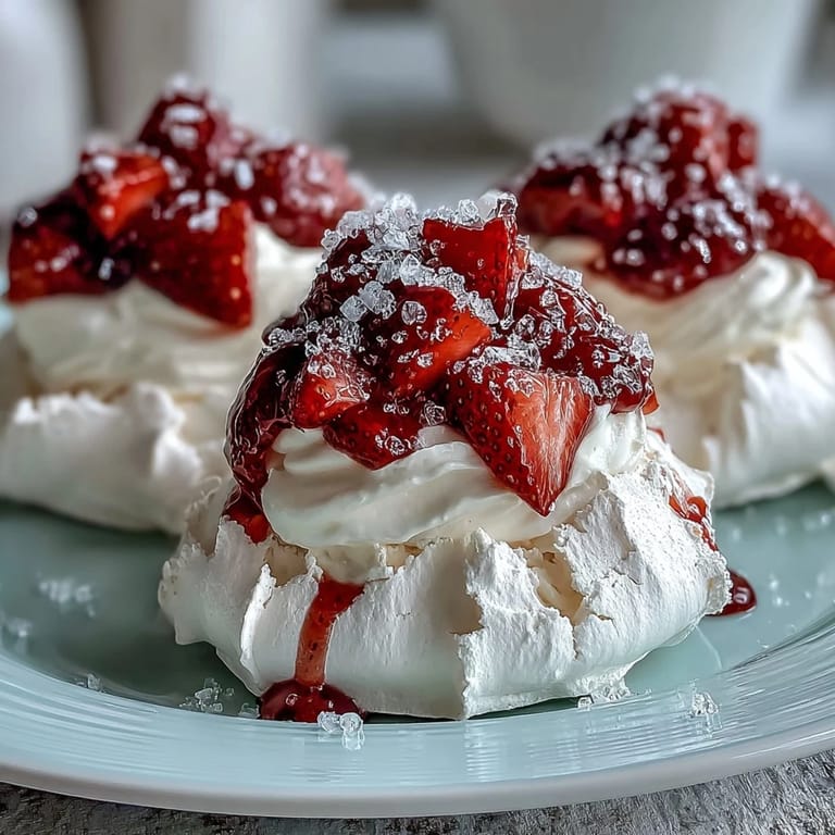 Crisp, golden-brown pavlova shells filled with silky vanilla cream and vibrant red strawberries, ideal for spring celebrations.