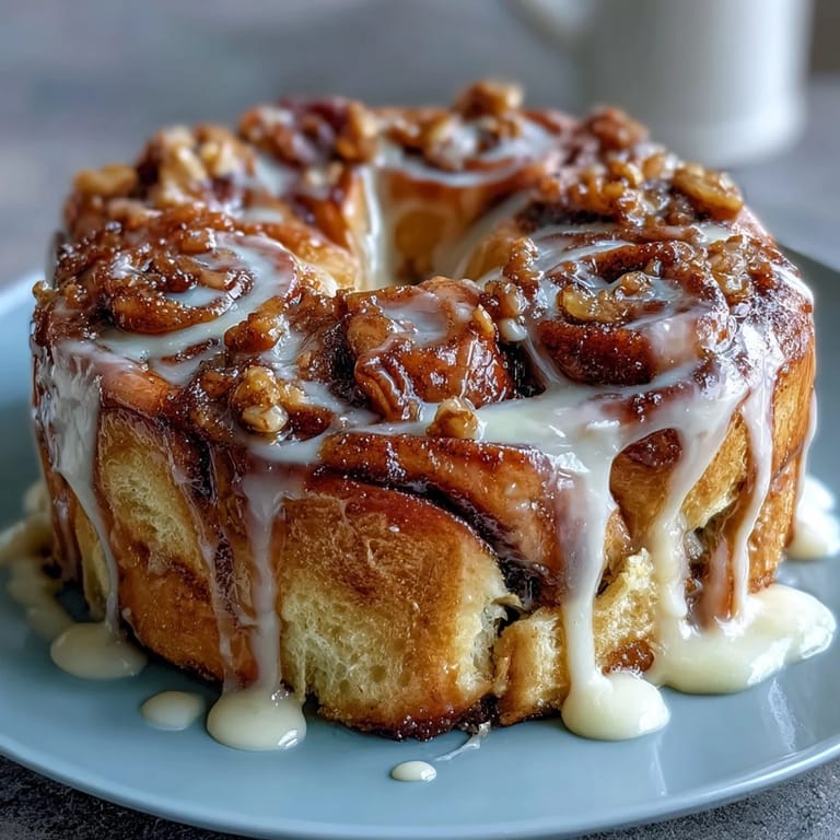 Fluffy cinnamon roll pancake casserole baked to golden perfection and drizzled with a rich cream cheese glaze.