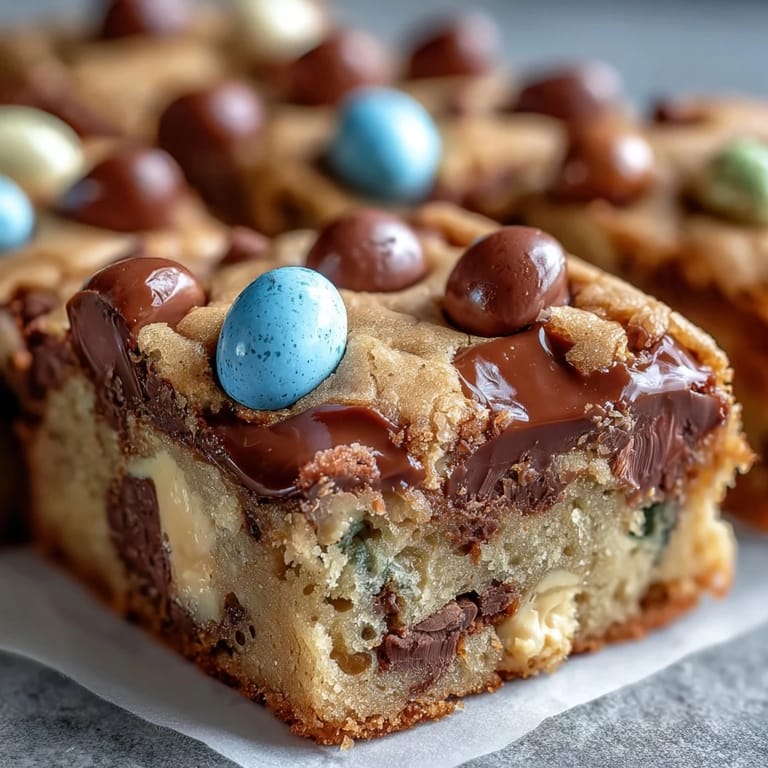 Chewy peanut butter Easter egg cookie bars, loaded with chocolate candies and ready for festive celebrations.