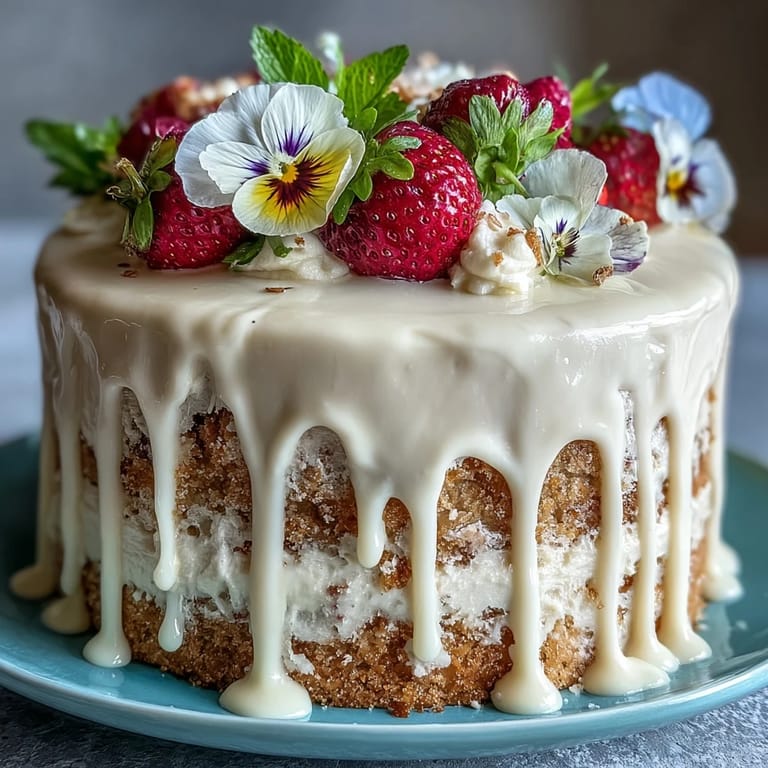 Moist vanilla sponge cake layers filled and frosted with fresh strawberry buttercream, finished with a glossy white chocolate drip and vibrant edible blooms.