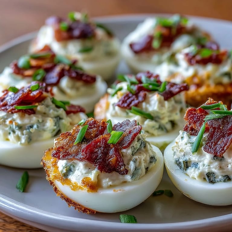 Creamy jalapeño popper deviled eggs filled with cream cheese, bacon, and cheddar, topped with fresh jalapeño slices.