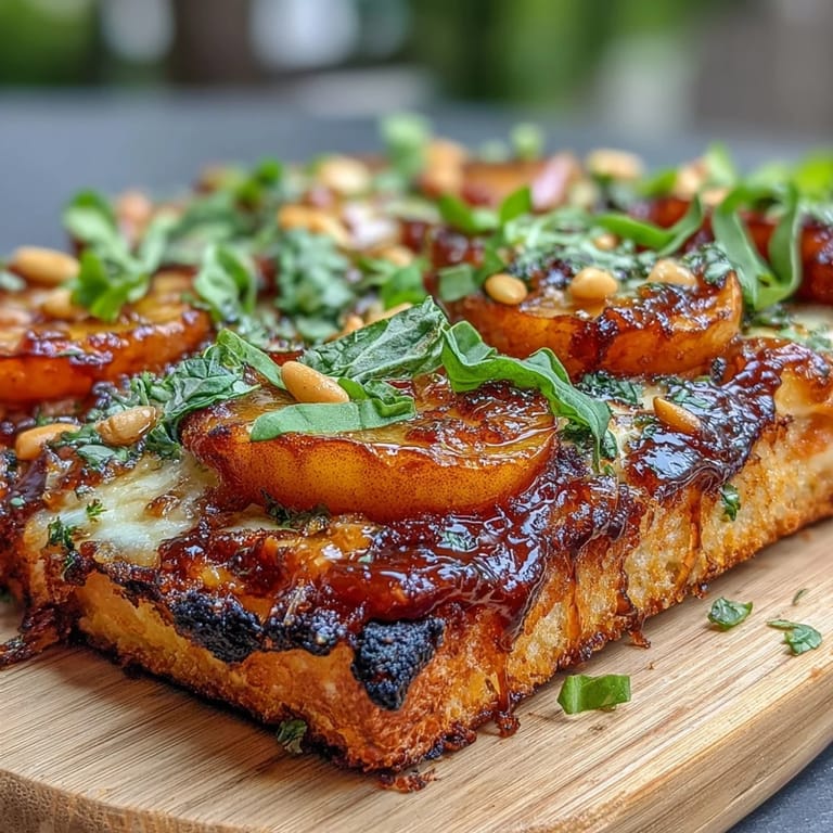 Juicy grilled peaches and creamy Brie cheese melt together on BBQ sauce-slathered flatbread, finished with arugula and honey.