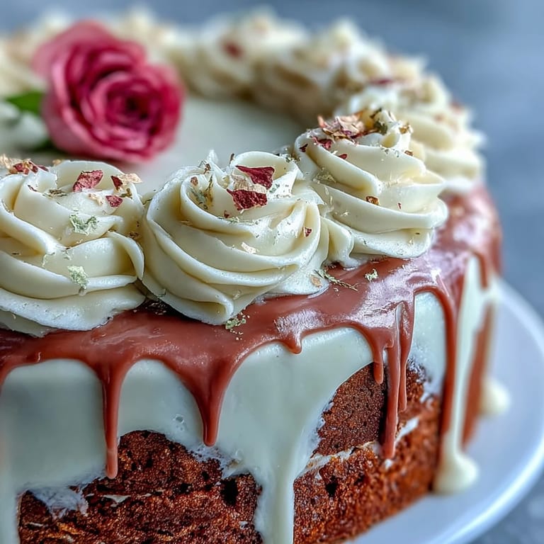A stunning pink rosé velvet cake with shimmering gold drip, perfect for celebrations.