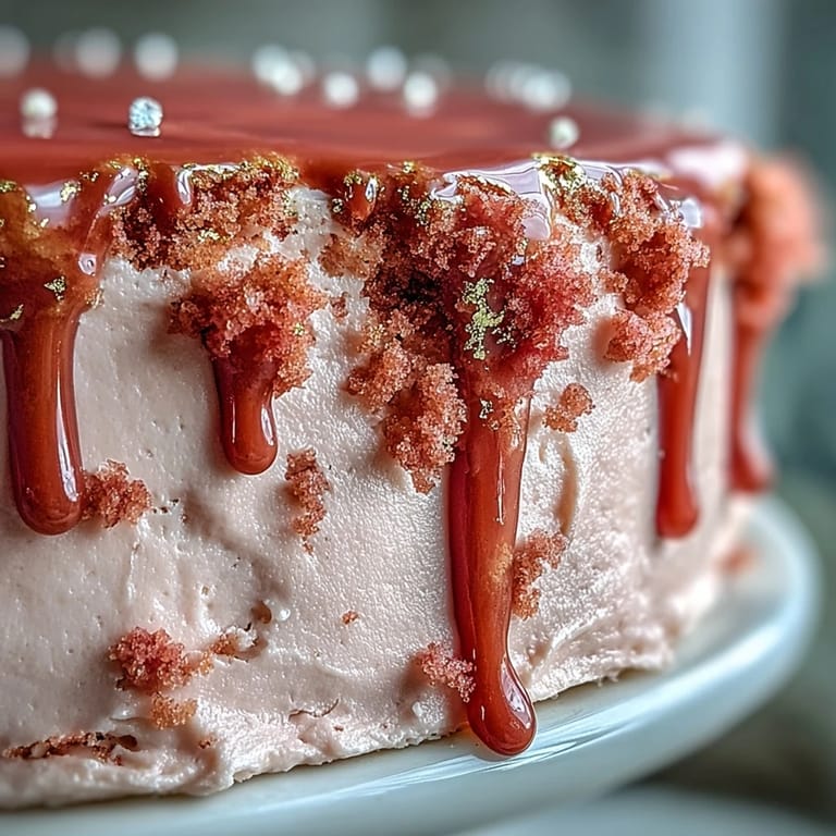 Close-up detail of the Bridal Shower Rosé Velvet Cake's rich pink hue and gold art.