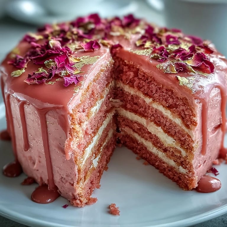 Luscious Rosé Velvet Cake photo with delicate pink frosting and shimmering gold accents.