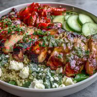 Lemon vinaigrette grilled chicken and veggie bowl with quinoa, spinach, and feta cheese. Juicy chicken and fresh vegetables drizzled with zesty lemon dressing. Healthy, gluten-free meal prep bowl featuring grilled chicken, cherry tomatoes, and crisp cucumbers.