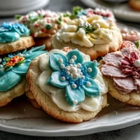Vibrant flower-shaped shortbread cookies with pastel royal icing, perfect for a spring dessert table.