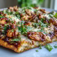 Crispy BBQ chicken flatbread pizza with melty mozzarella, red onion, and bell peppers for a smoky, savory bite.  