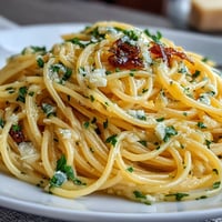 Easy Lemon Butter Pasta in a skillet with glossy lemon-garlic butter sauce coating spaghetti, topped with Parmesan and parsley.