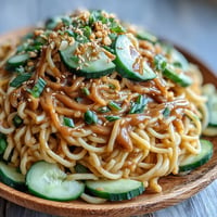 Creamy Cold Peanut Sesame Noodles with crisp cucumber, a refreshing summer meal.